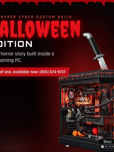 Hyper Cyber Halloween Edition mobile banner: one-of-one horror-themed custom gaming PC, available now.
